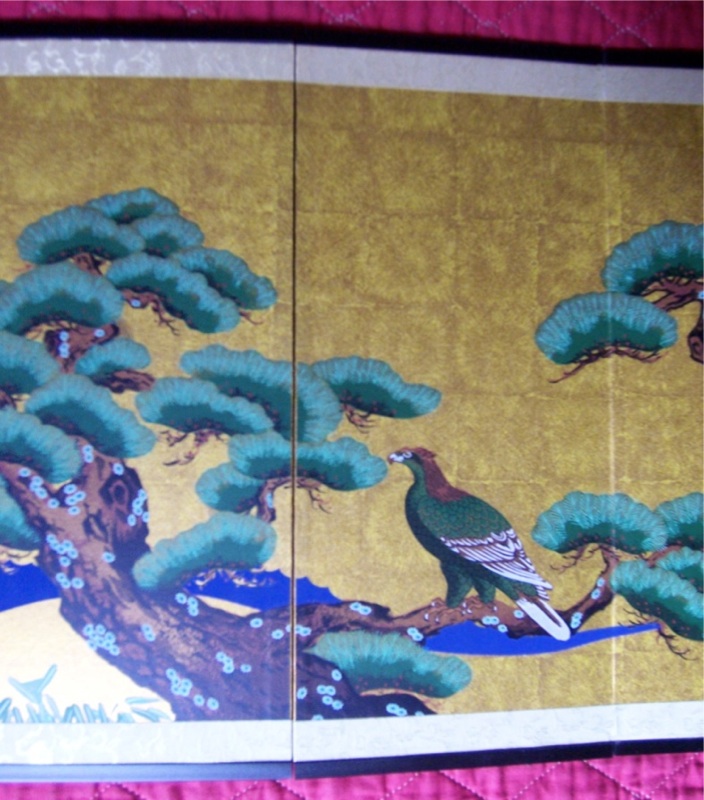 Beautiful Four Panel Japanese Table Screen with Eagle on Branch